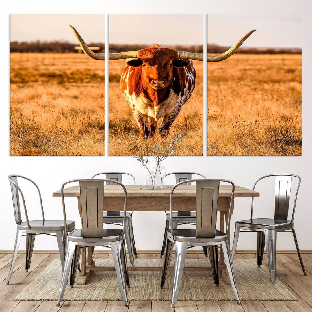 Texas Longhorn Canvas Wall Art Print - Vibrant Rustic Cattle Print for Living Room, Western Farmhouse Wall Decor, Ready to Hang