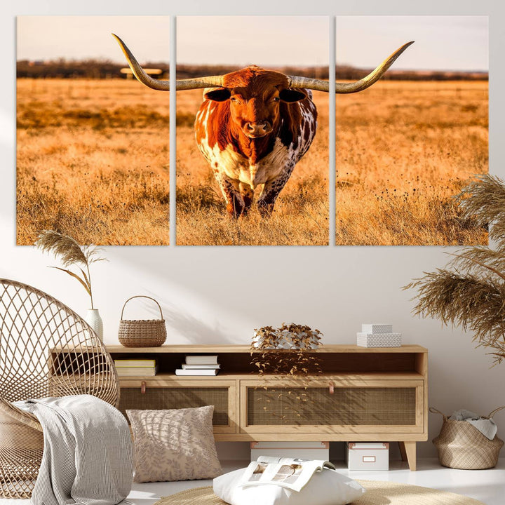 Texas Longhorn Canvas Wall Art Print - Vibrant Rustic Cattle Print for Living Room, Western Farmhouse Wall Decor, Ready to Hang