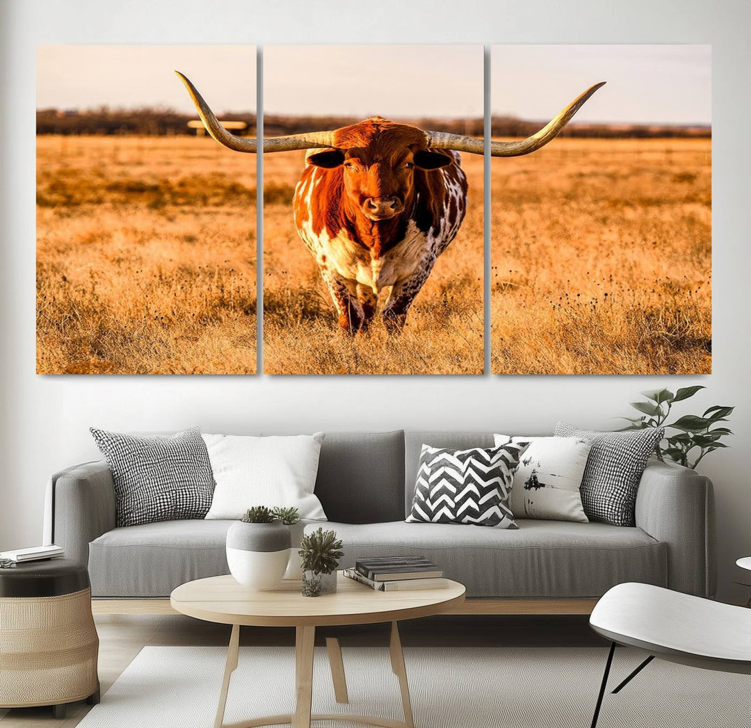 Texas Longhorn Canvas Wall Art Print - Vibrant Rustic Cattle Print for Living Room, Western Farmhouse Wall Decor, Ready to Hang