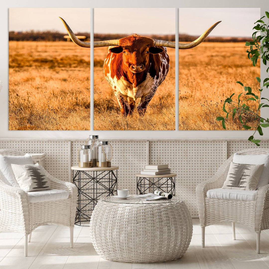 Texas Longhorn Canvas Wall Art Print - Vibrant Rustic Cattle Print for Living Room, Western Farmhouse Wall Decor, Ready to Hang