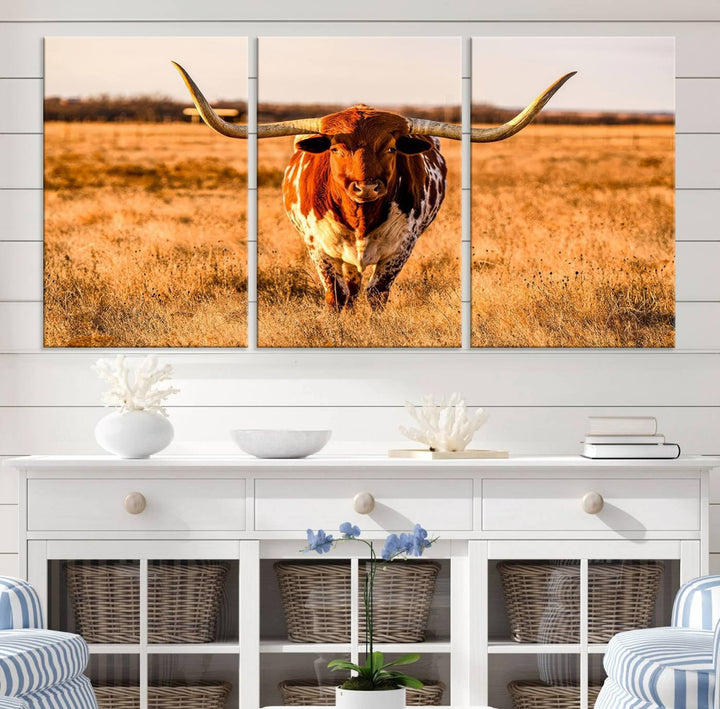 Texas Longhorn Canvas Wall Art Print - Vibrant Rustic Cattle Print for Living Room, Western Farmhouse Wall Decor, Ready to Hang