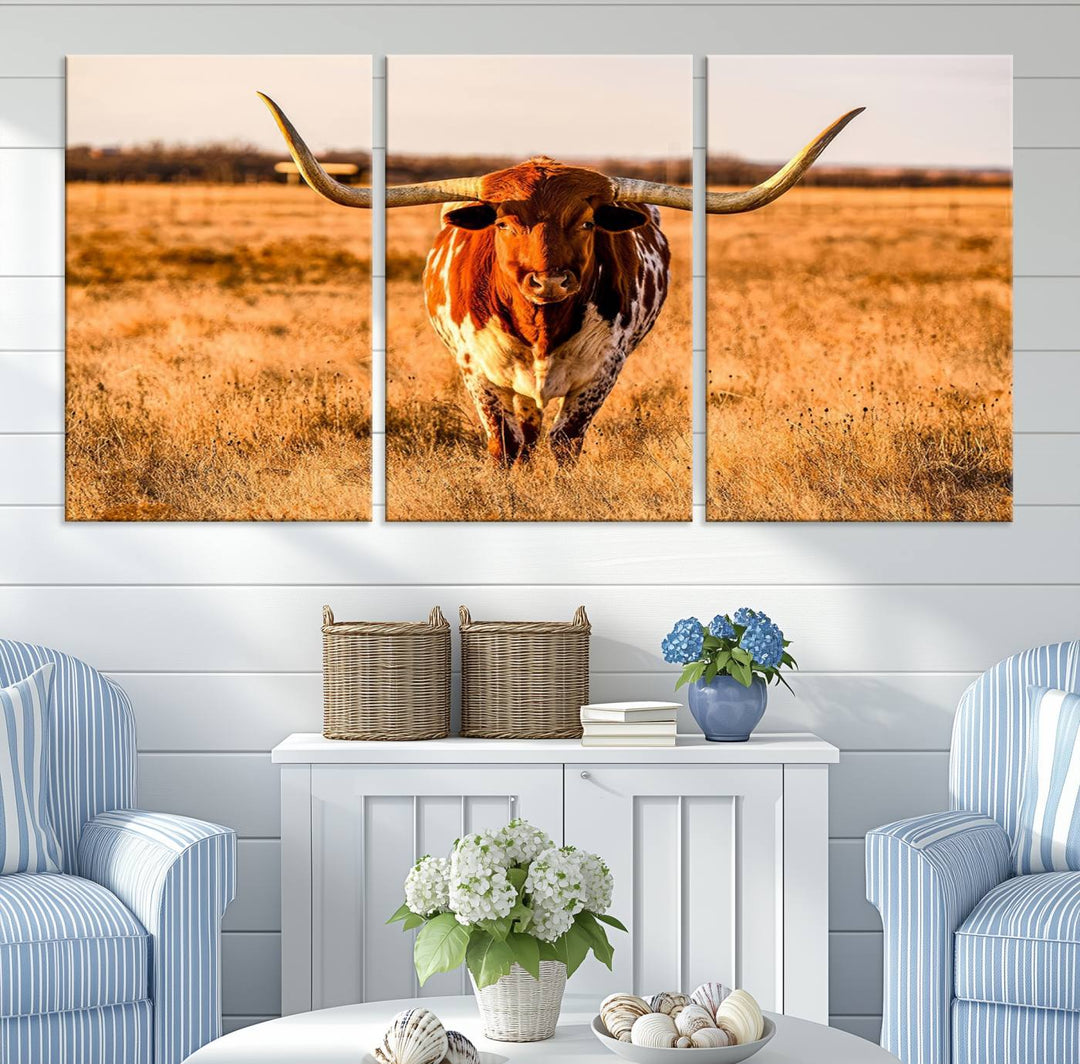 Texas Longhorn Canvas Wall Art Print - Vibrant Rustic Cattle Print for Living Room, Western Farmhouse Wall Decor, Ready to Hang