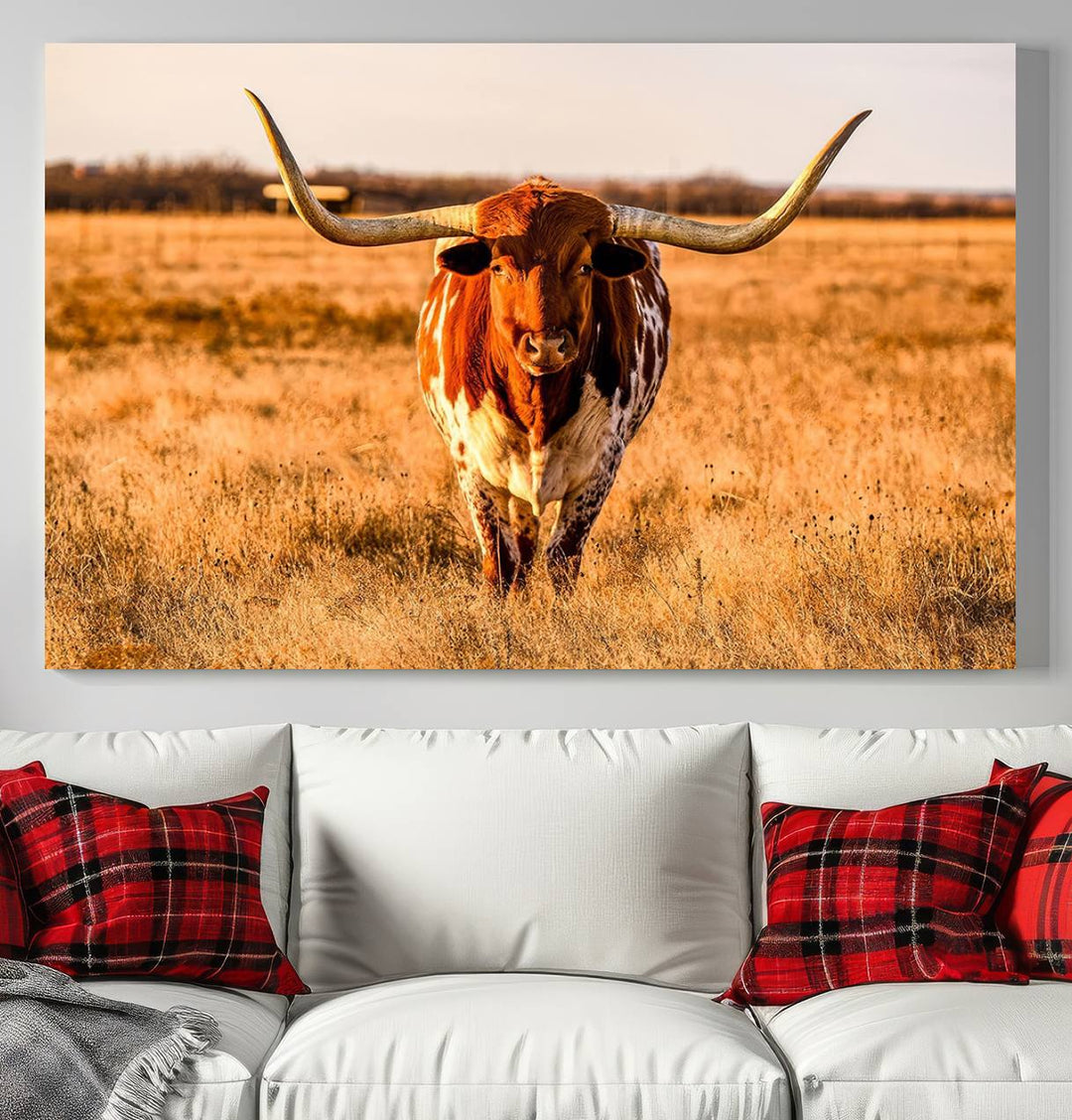 Texas Longhorn Canvas Wall Art Print - Vibrant Rustic Cattle Print for Living Room, Western Farmhouse Wall Decor, Ready to Hang