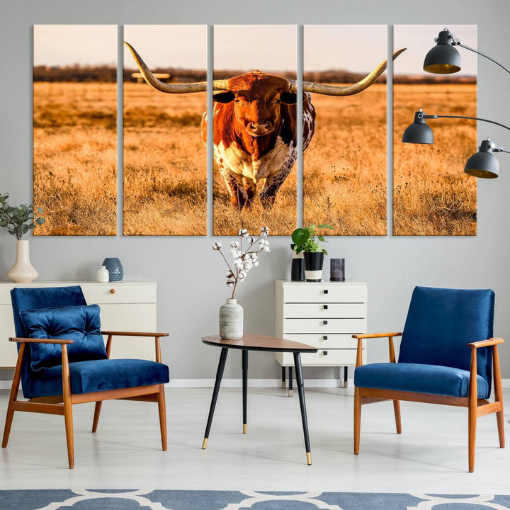 Texas Longhorn Canvas Wall Art Print - Vibrant Rustic Cattle Print for Living Room, Western Farmhouse Wall Decor, Ready to Hang