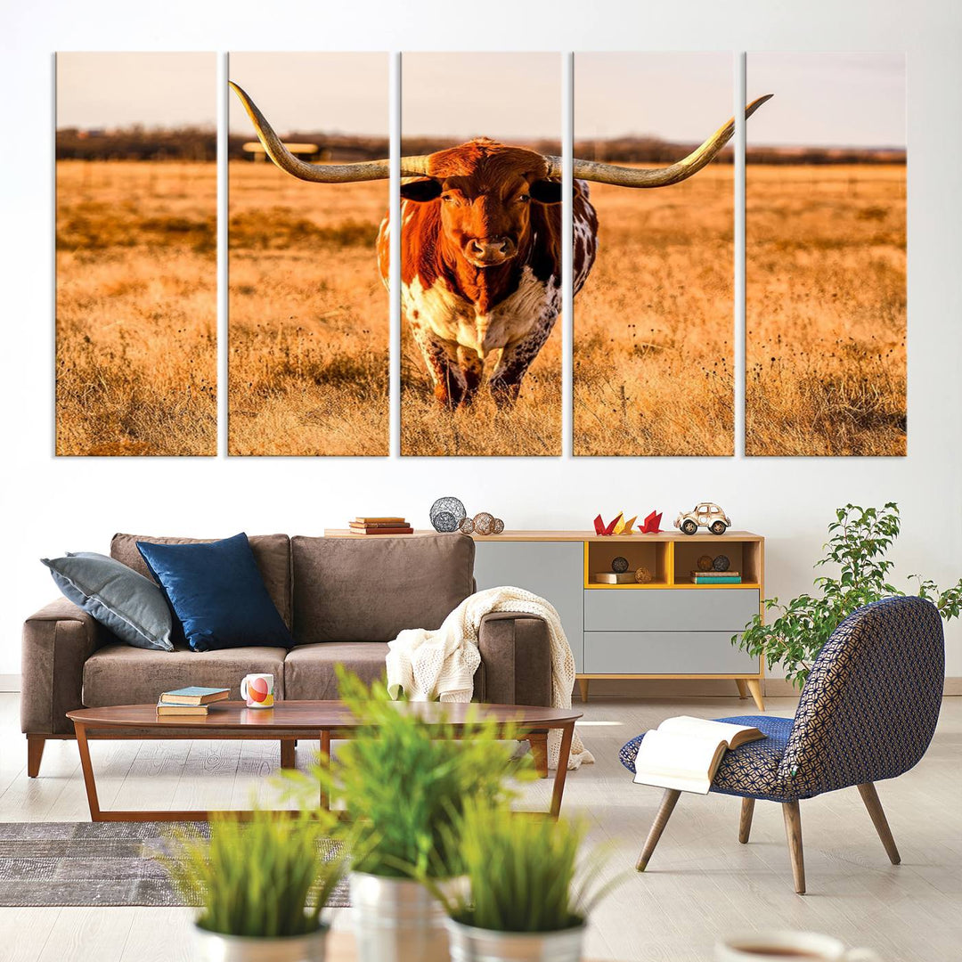 Texas Longhorn Canvas Wall Art Print - Vibrant Rustic Cattle Print for Living Room, Western Farmhouse Wall Decor, Ready to Hang