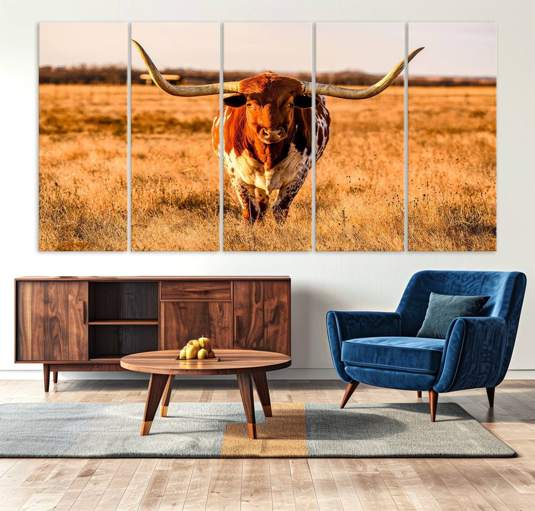 Texas Longhorn Canvas Wall Art Print - Vibrant Rustic Cattle Print for Living Room, Western Farmhouse Wall Decor, Ready to Hang