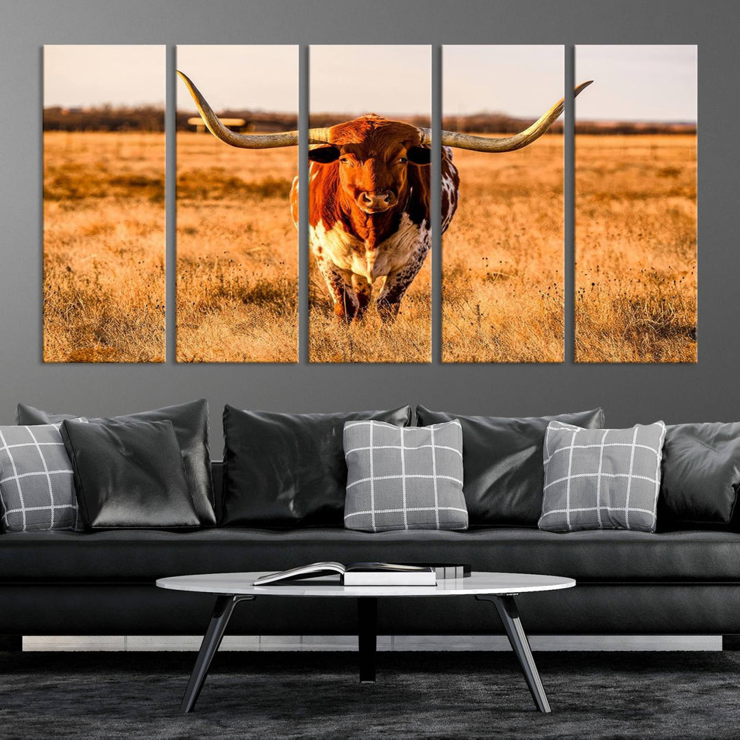 Texas Longhorn Canvas Wall Art Print - Vibrant Rustic Cattle Print for Living Room, Western Farmhouse Wall Decor, Ready to Hang