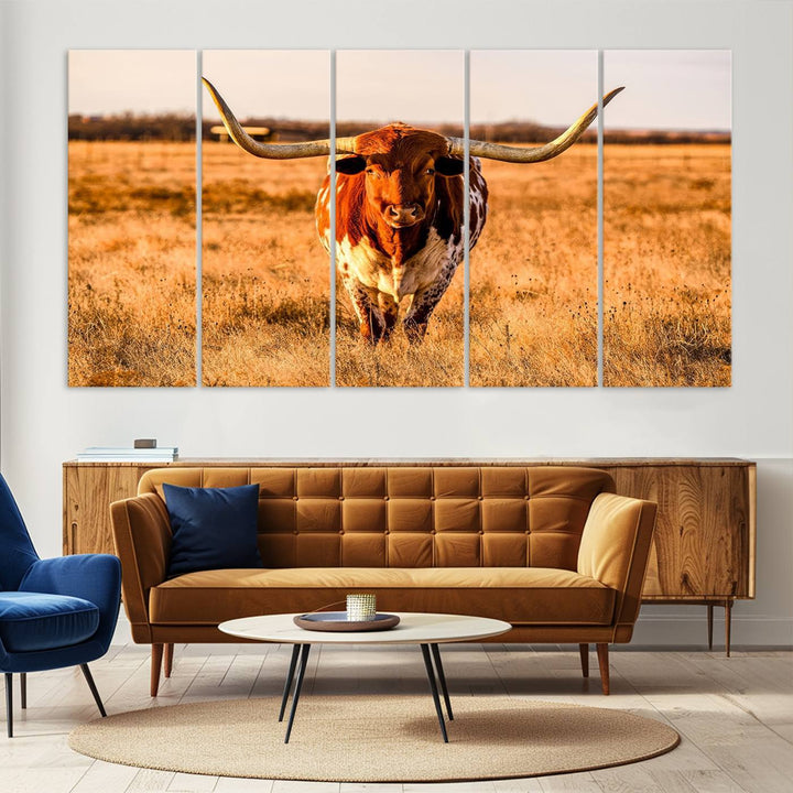 Texas Longhorn Canvas Wall Art Print - Vibrant Rustic Cattle Print for Living Room, Western Farmhouse Wall Decor, Ready to Hang