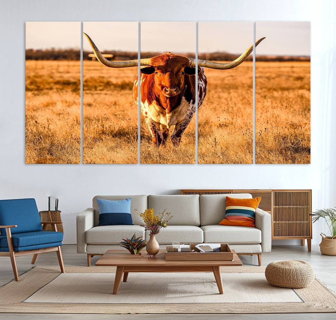 Texas Longhorn Canvas Wall Art Print - Vibrant Rustic Cattle Print for Living Room, Western Farmhouse Wall Decor, Ready to Hang