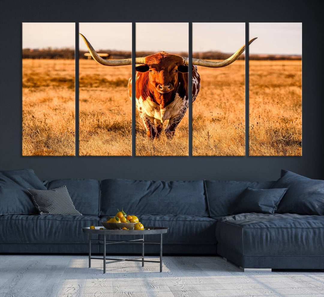 Texas Longhorn Canvas Wall Art Print - Vibrant Rustic Cattle Print for Living Room, Western Farmhouse Wall Decor, Ready to Hang