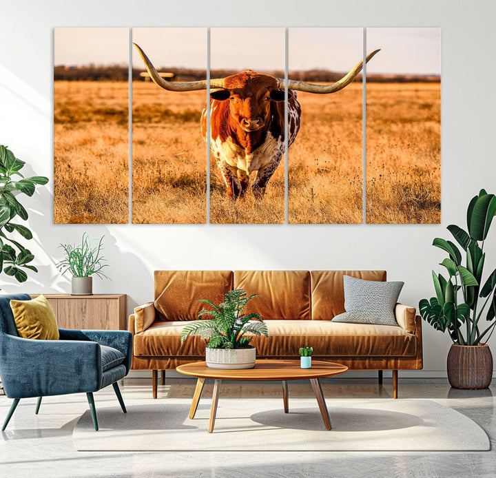 Texas Longhorn Canvas Wall Art Print - Vibrant Rustic Cattle Print for Living Room, Western Farmhouse Wall Decor, Ready to Hang