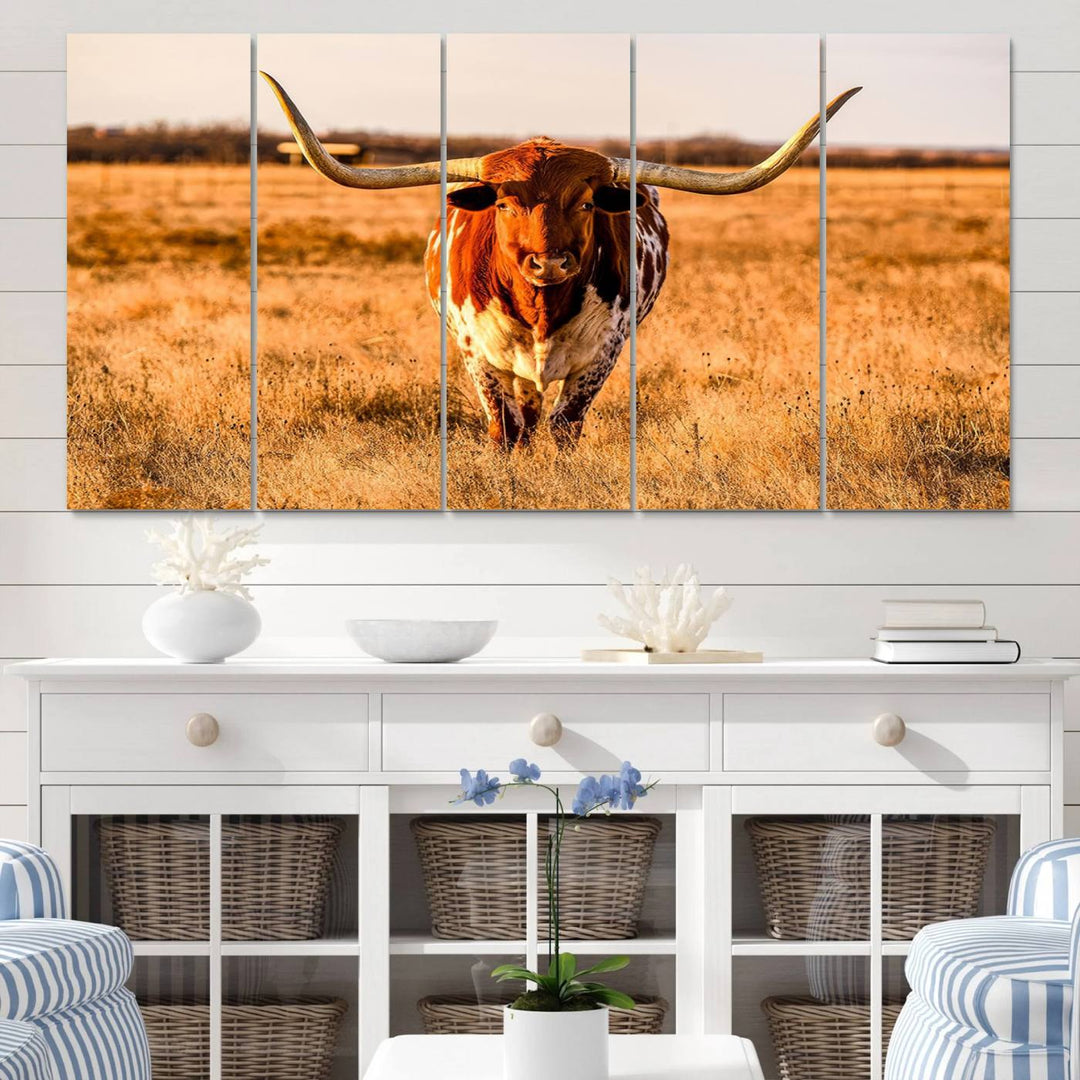 Texas Longhorn Canvas Wall Art Print - Vibrant Rustic Cattle Print for Living Room, Western Farmhouse Wall Decor, Ready to Hang