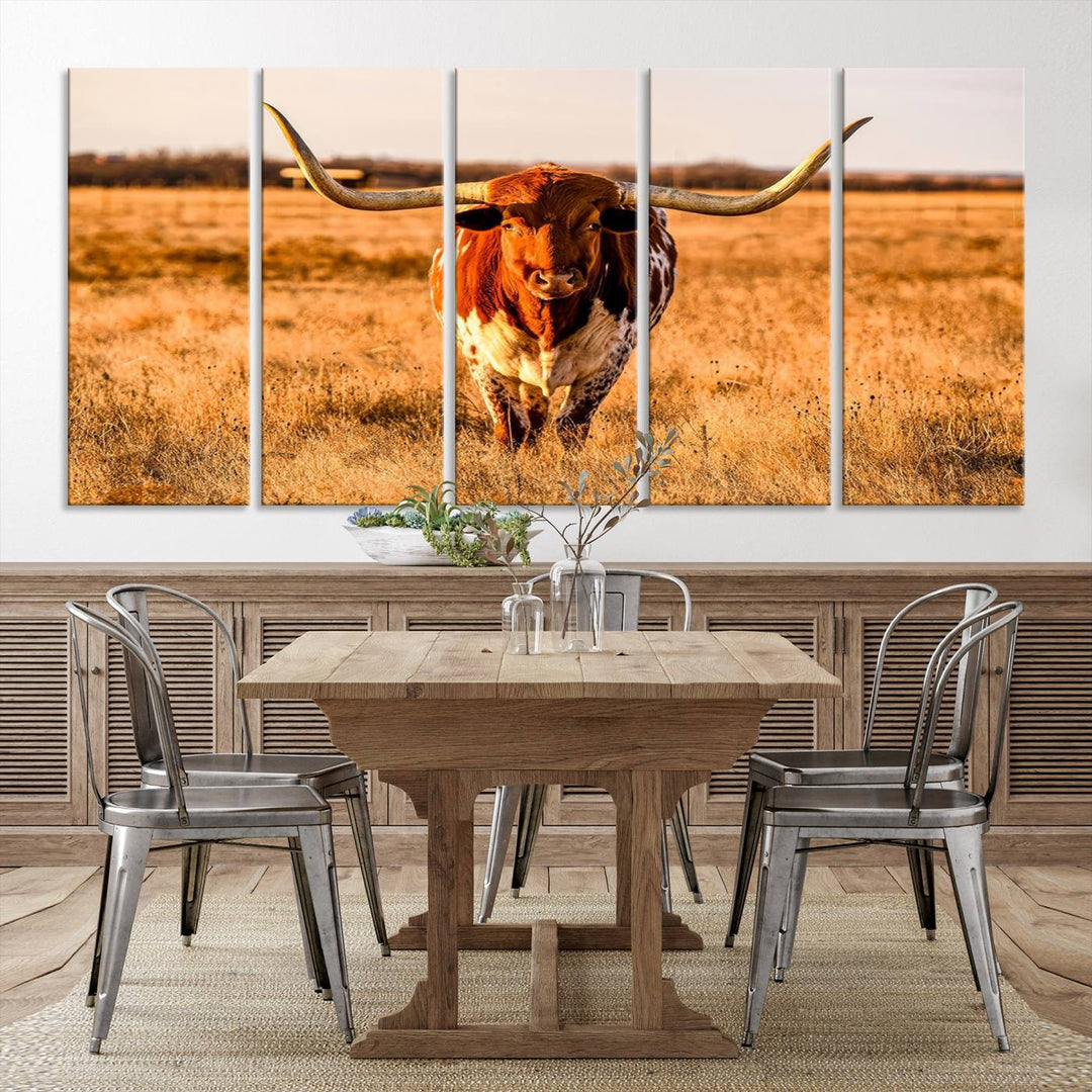 Texas Longhorn Canvas Wall Art Print - Vibrant Rustic Cattle Print for Living Room, Western Farmhouse Wall Decor, Ready to Hang