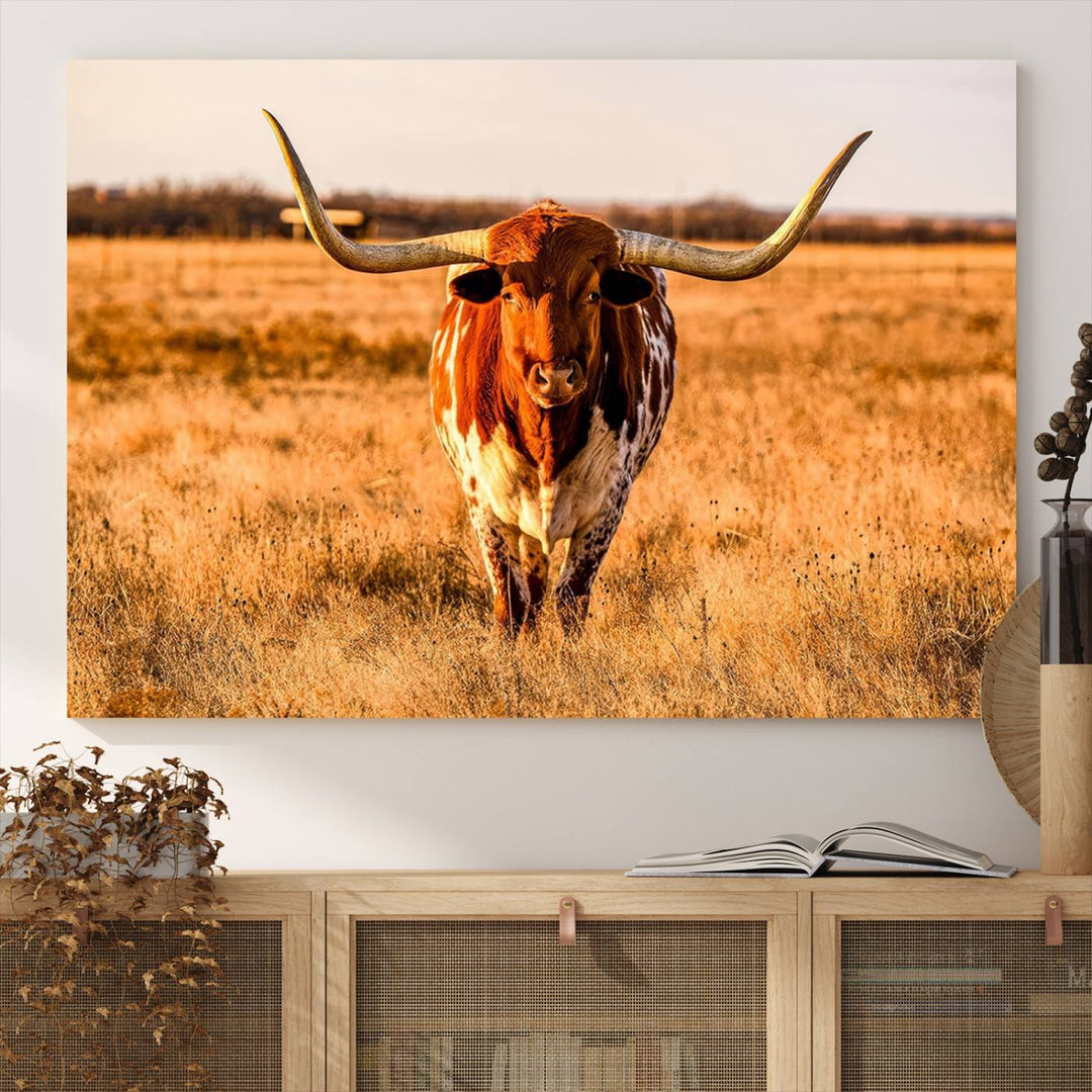 Texas Longhorn Canvas Wall Art Print - Vibrant Rustic Cattle Print for Living Room, Western Farmhouse Wall Decor, Ready to Hang