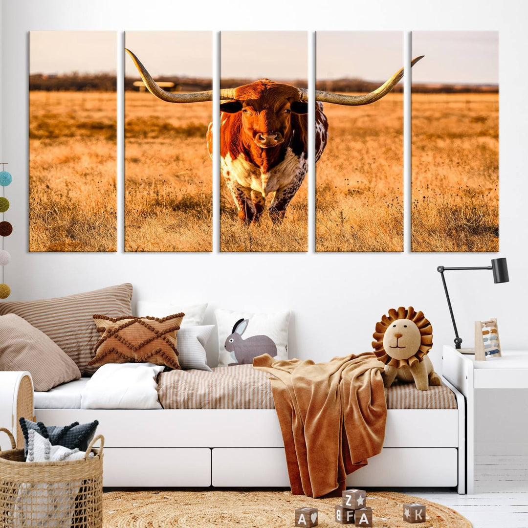 Texas Longhorn Canvas Wall Art Print - Vibrant Rustic Cattle Print for Living Room, Western Farmhouse Wall Decor, Ready to Hang