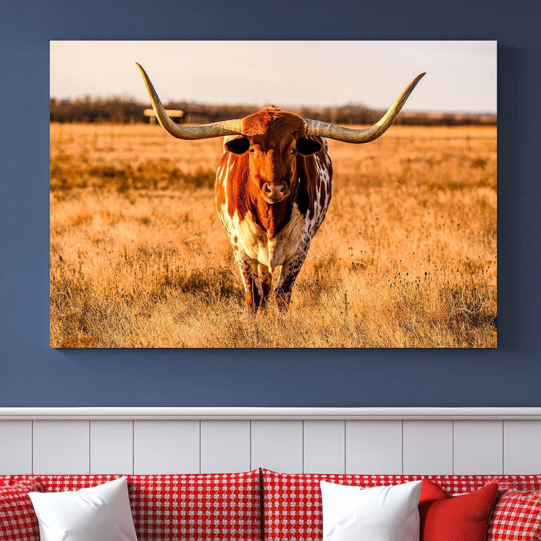 Texas Longhorn Canvas Wall Art Print - Vibrant Rustic Cattle Print for Living Room, Western Farmhouse Wall Decor, Ready to Hang