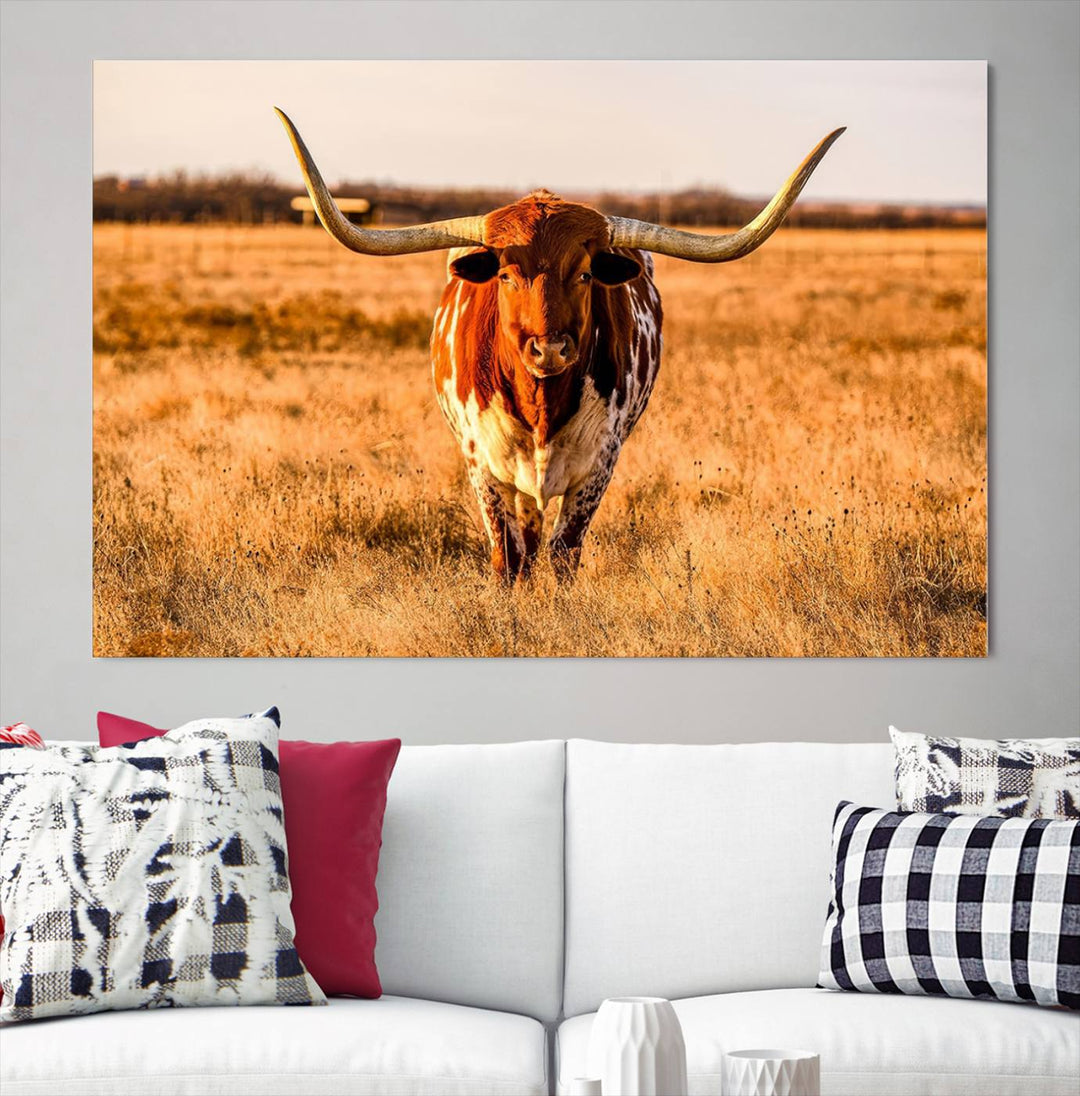 Texas Longhorn Canvas Wall Art Print - Vibrant Rustic Cattle Print for Living Room, Western Farmhouse Wall Decor, Ready to Hang