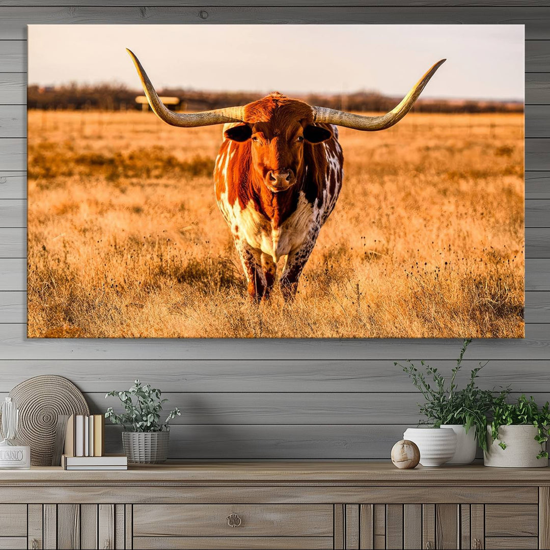 Texas Longhorn Canvas Wall Art Print - Vibrant Rustic Cattle Print for Living Room, Western Farmhouse Wall Decor, Ready to Hang