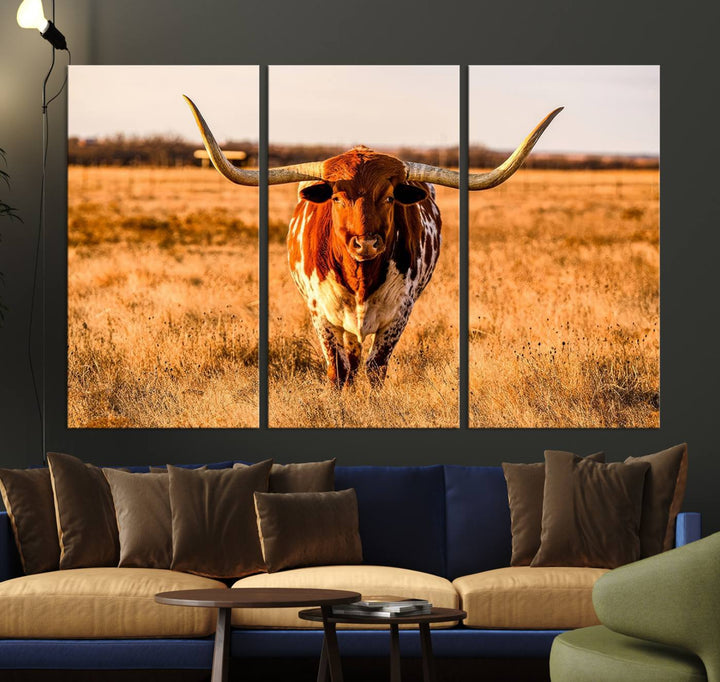 Texas Longhorn Canvas Wall Art Print - Vibrant Rustic Cattle Print for Living Room, Western Farmhouse Wall Decor, Ready to Hang