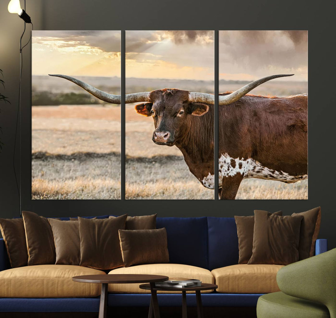 Texas Longhorn Cattle Wall Art | 3 Panel Rustic Western Decor, Sunset Canvas Print for Living Room, Farmhouse, Office – Bold Cowboy-Inspired Wall Art