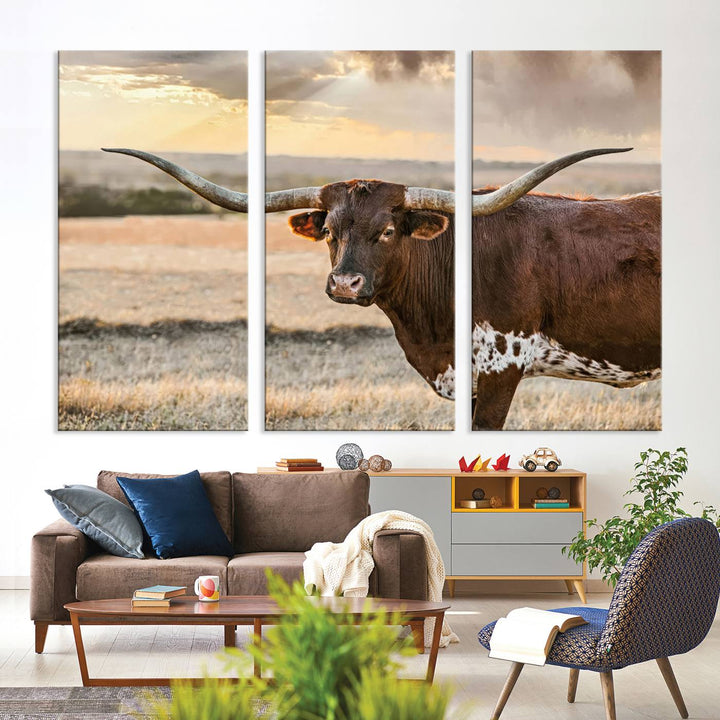 Texas Longhorn Cattle Wall Art | 3 Panel Rustic Western Decor, Sunset Canvas Print for Living Room, Farmhouse, Office – Bold Cowboy-Inspired Wall Art