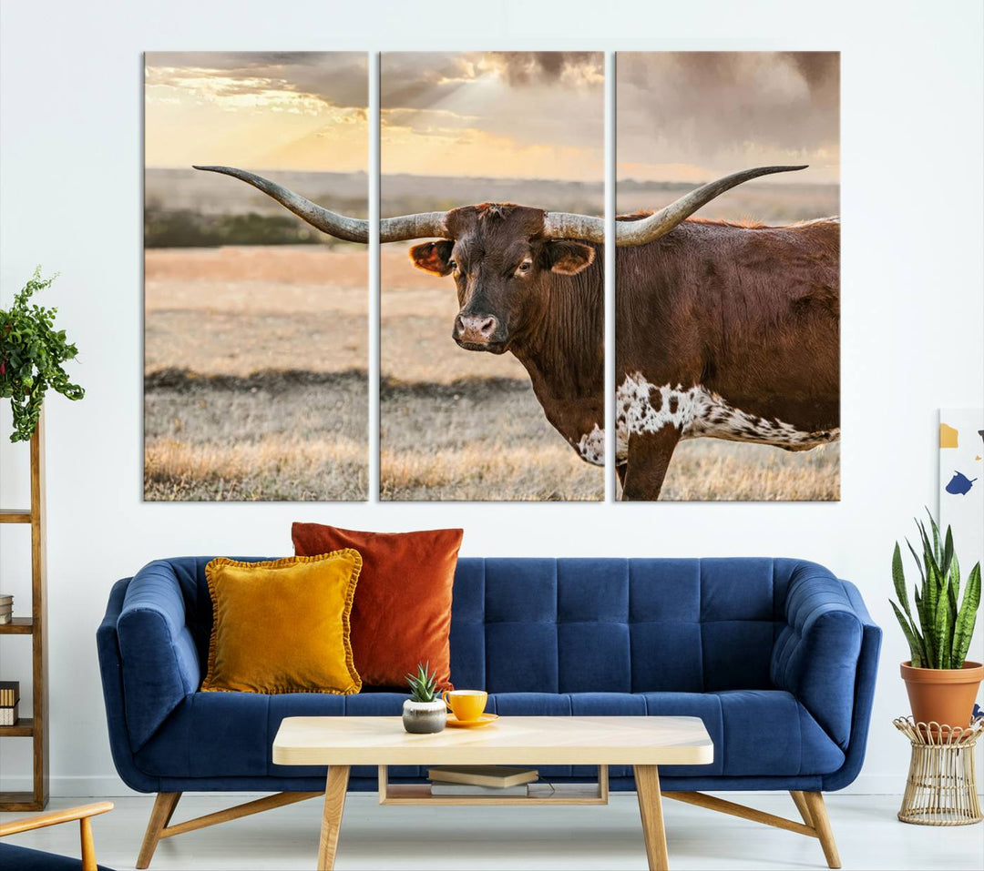 Texas Longhorn Cattle Wall Art | 3 Panel Rustic Western Decor, Sunset Canvas Print for Living Room, Farmhouse, Office – Bold Cowboy-Inspired Wall Art