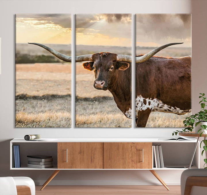 Texas Longhorn Cattle Wall Art | 3 Panel Rustic Western Decor, Sunset Canvas Print for Living Room, Farmhouse, Office – Bold Cowboy-Inspired Wall Art