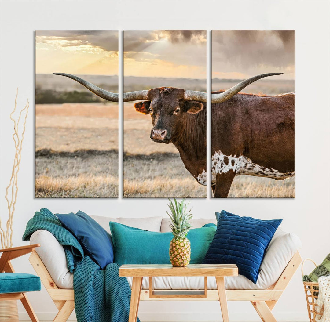 Texas Longhorn Cattle Wall Art | 3 Panel Rustic Western Decor, Sunset Canvas Print for Living Room, Farmhouse, Office – Bold Cowboy-Inspired Wall Art