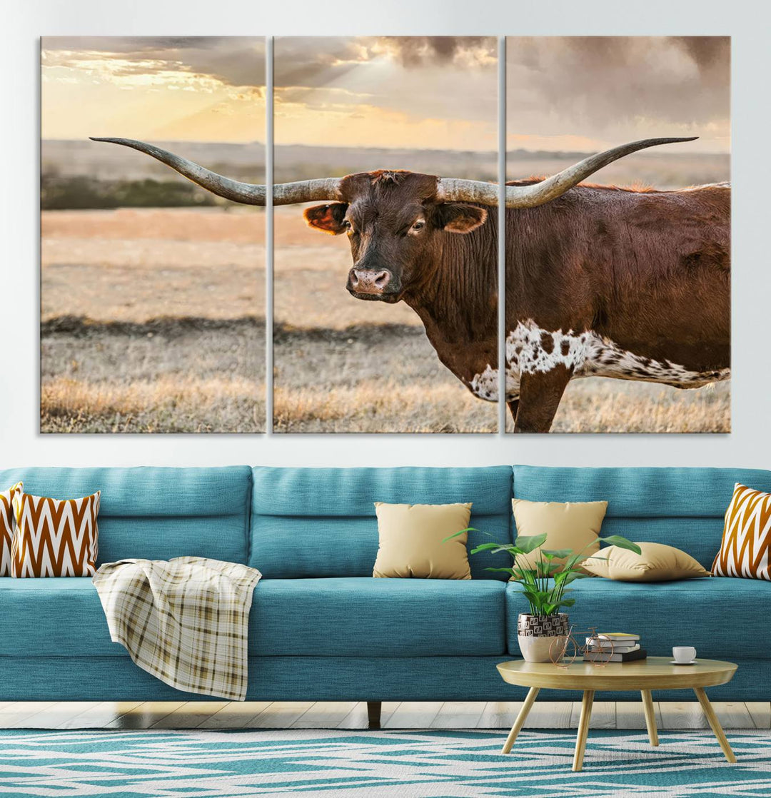 Texas Longhorn Cattle Wall Art | 3 Panel Rustic Western Decor, Sunset Canvas Print for Living Room, Farmhouse, Office – Bold Cowboy-Inspired Wall Art