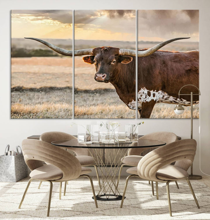 Texas Longhorn Cattle Wall Art | 3 Panel Rustic Western Decor, Sunset Canvas Print for Living Room, Farmhouse, Office – Bold Cowboy-Inspired Wall Art