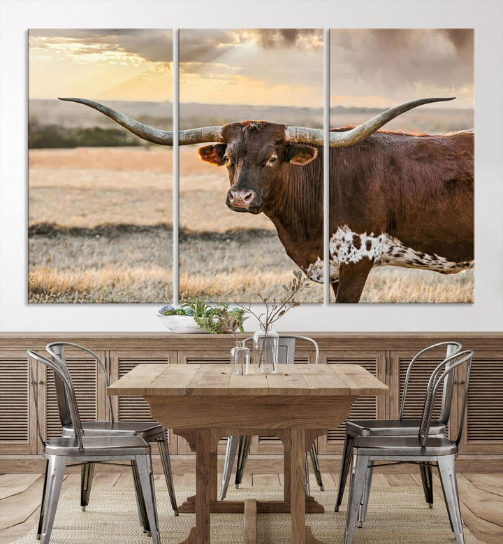 Texas Longhorn Cattle Wall Art | 3 Panel Rustic Western Decor, Sunset Canvas Print for Living Room, Farmhouse, Office – Bold Cowboy-Inspired Wall Art