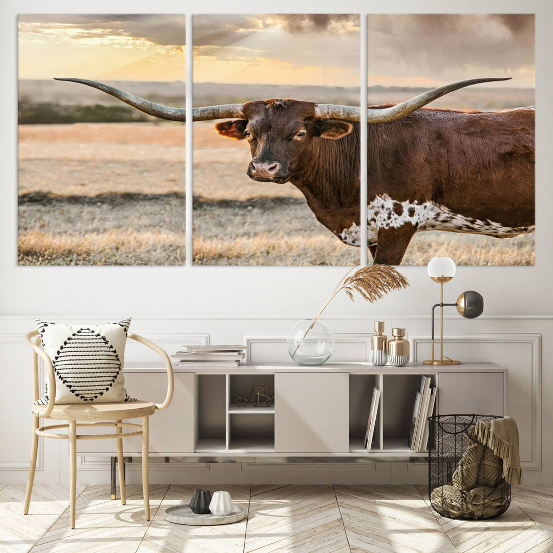 Texas Longhorn Cattle Wall Art | 3 Panel Rustic Western Decor, Sunset Canvas Print for Living Room, Farmhouse, Office – Bold Cowboy-Inspired Wall Art