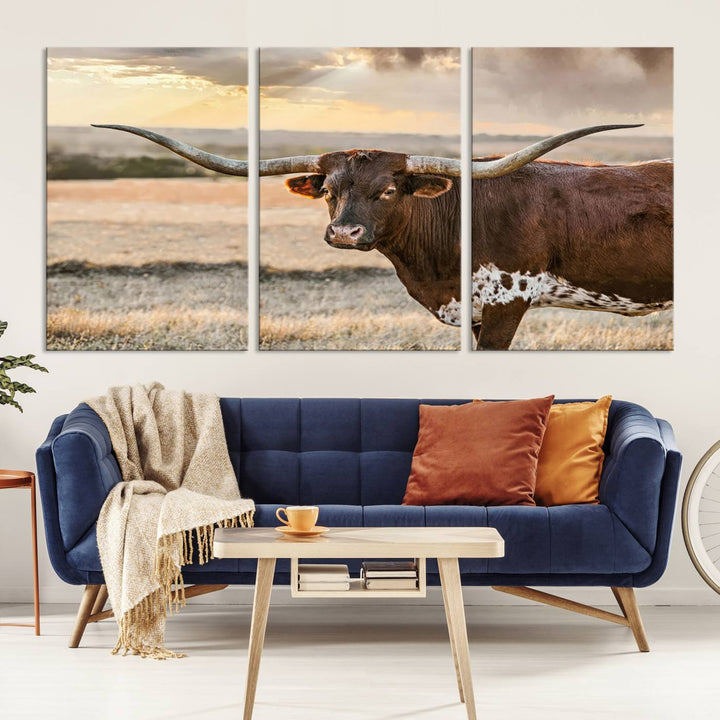 Texas Longhorn Cattle Wall Art | 3 Panel Rustic Western Decor, Sunset Canvas Print for Living Room, Farmhouse, Office – Bold Cowboy-Inspired Wall Art