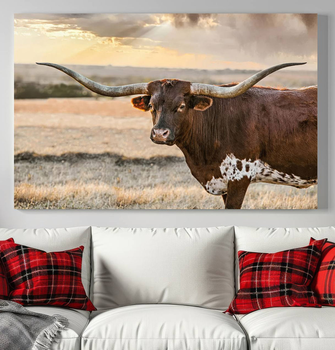 Texas Longhorn Cattle Wall Art | 3 Panel Rustic Western Decor, Sunset Canvas Print for Living Room, Farmhouse, Office – Bold Cowboy-Inspired Wall Art