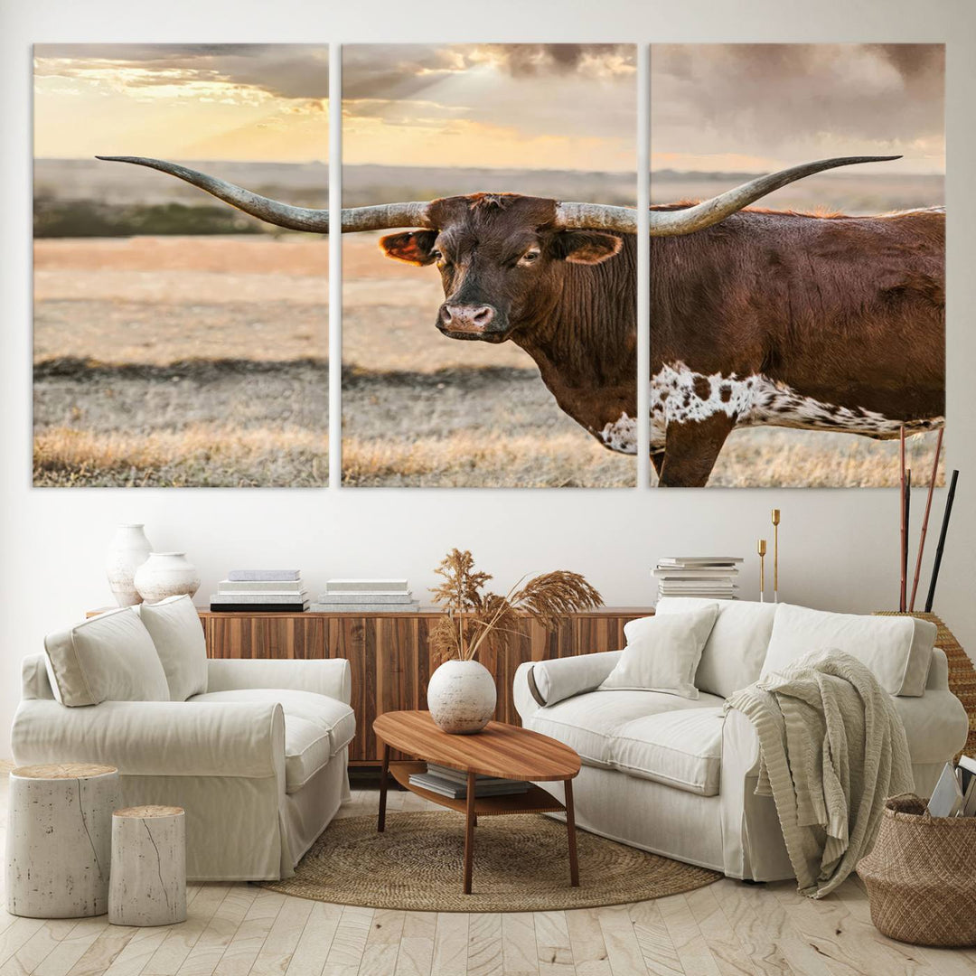 Texas Longhorn Cattle Wall Art | 3 Panel Rustic Western Decor, Sunset Canvas Print for Living Room, Farmhouse, Office – Bold Cowboy-Inspired Wall Art