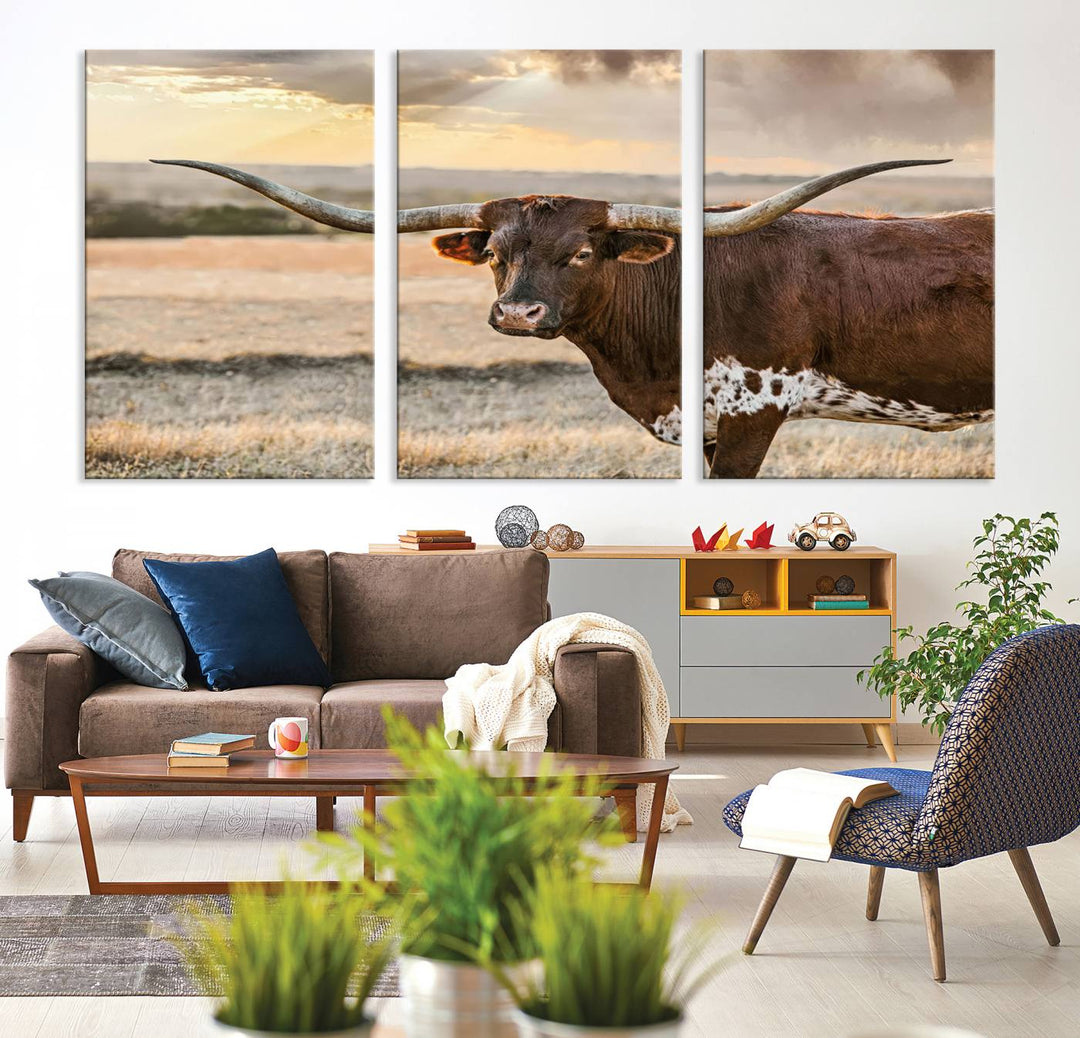 Texas Longhorn Cattle Wall Art | 3 Panel Rustic Western Decor, Sunset Canvas Print for Living Room, Farmhouse, Office – Bold Cowboy-Inspired Wall Art