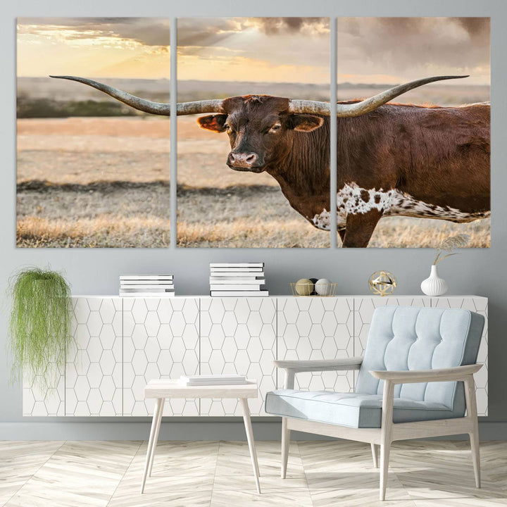 Texas Longhorn Cattle Wall Art | 3 Panel Rustic Western Decor, Sunset Canvas Print for Living Room, Farmhouse, Office – Bold Cowboy-Inspired Wall Art