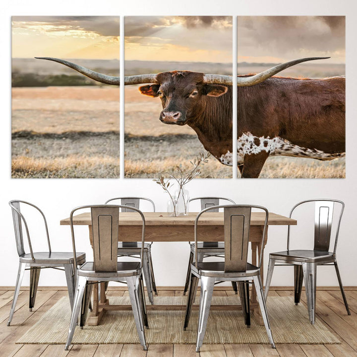 Texas Longhorn Cattle Wall Art | 3 Panel Rustic Western Decor, Sunset Canvas Print for Living Room, Farmhouse, Office – Bold Cowboy-Inspired Wall Art