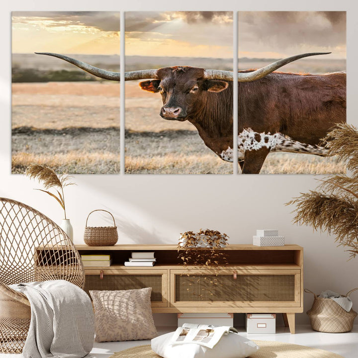 Texas Longhorn Cattle Wall Art | 3 Panel Rustic Western Decor, Sunset Canvas Print for Living Room, Farmhouse, Office – Bold Cowboy-Inspired Wall Art