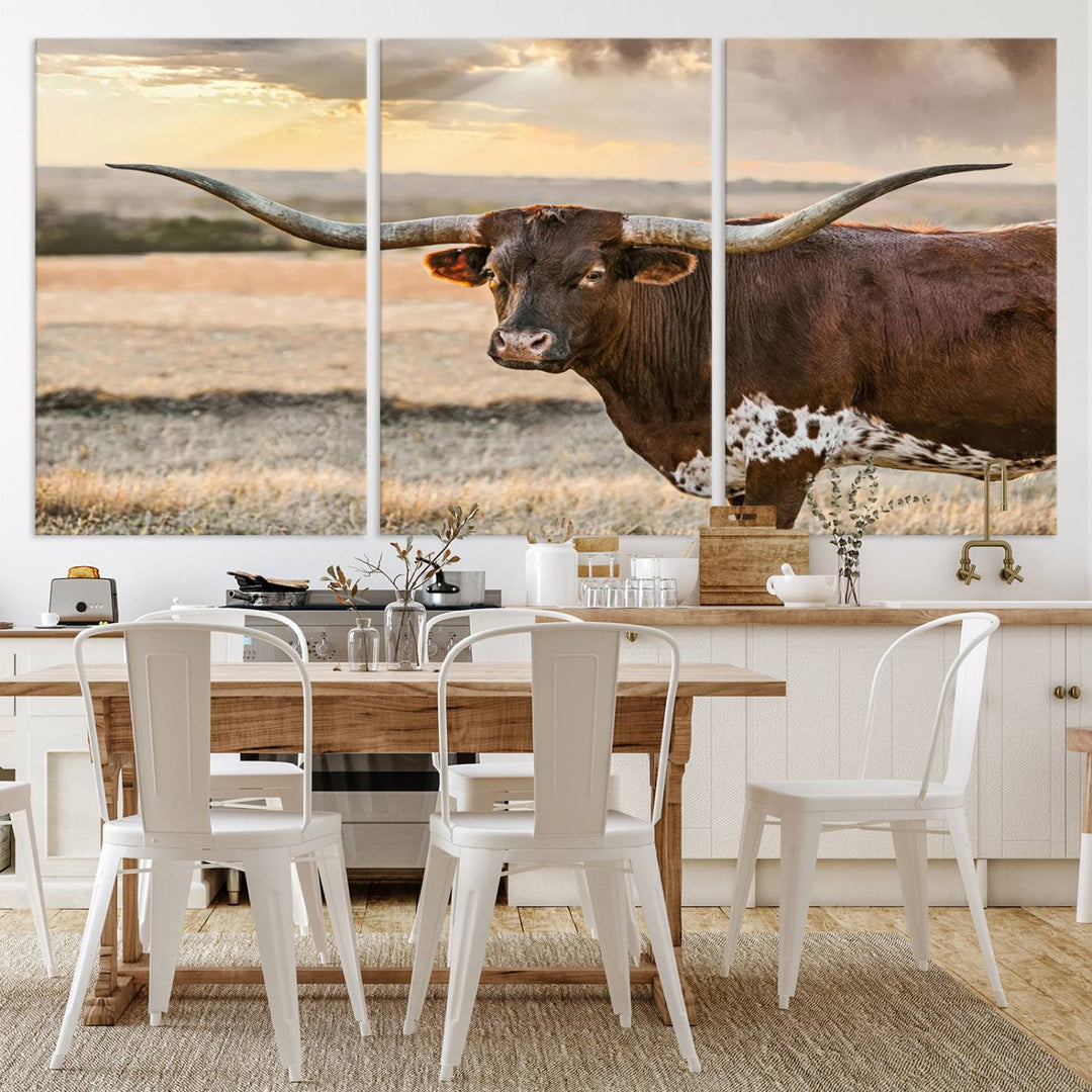 Texas Longhorn Cattle Wall Art | 3 Panel Rustic Western Decor, Sunset Canvas Print for Living Room, Farmhouse, Office – Bold Cowboy-Inspired Wall Art