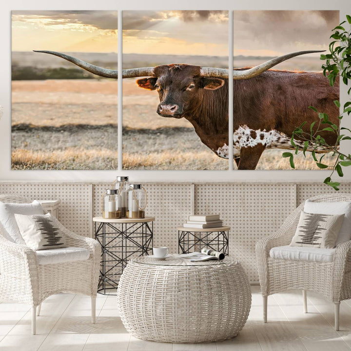 Texas Longhorn Cattle Wall Art | 3 Panel Rustic Western Decor, Sunset Canvas Print for Living Room, Farmhouse, Office – Bold Cowboy-Inspired Wall Art