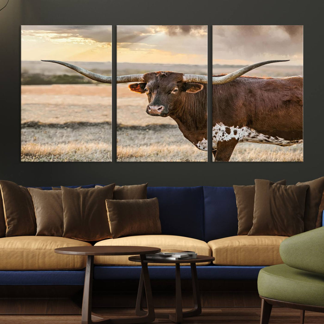 Texas Longhorn Cattle Wall Art | 3 Panel Rustic Western Decor, Sunset Canvas Print for Living Room, Farmhouse, Office – Bold Cowboy-Inspired Wall Art