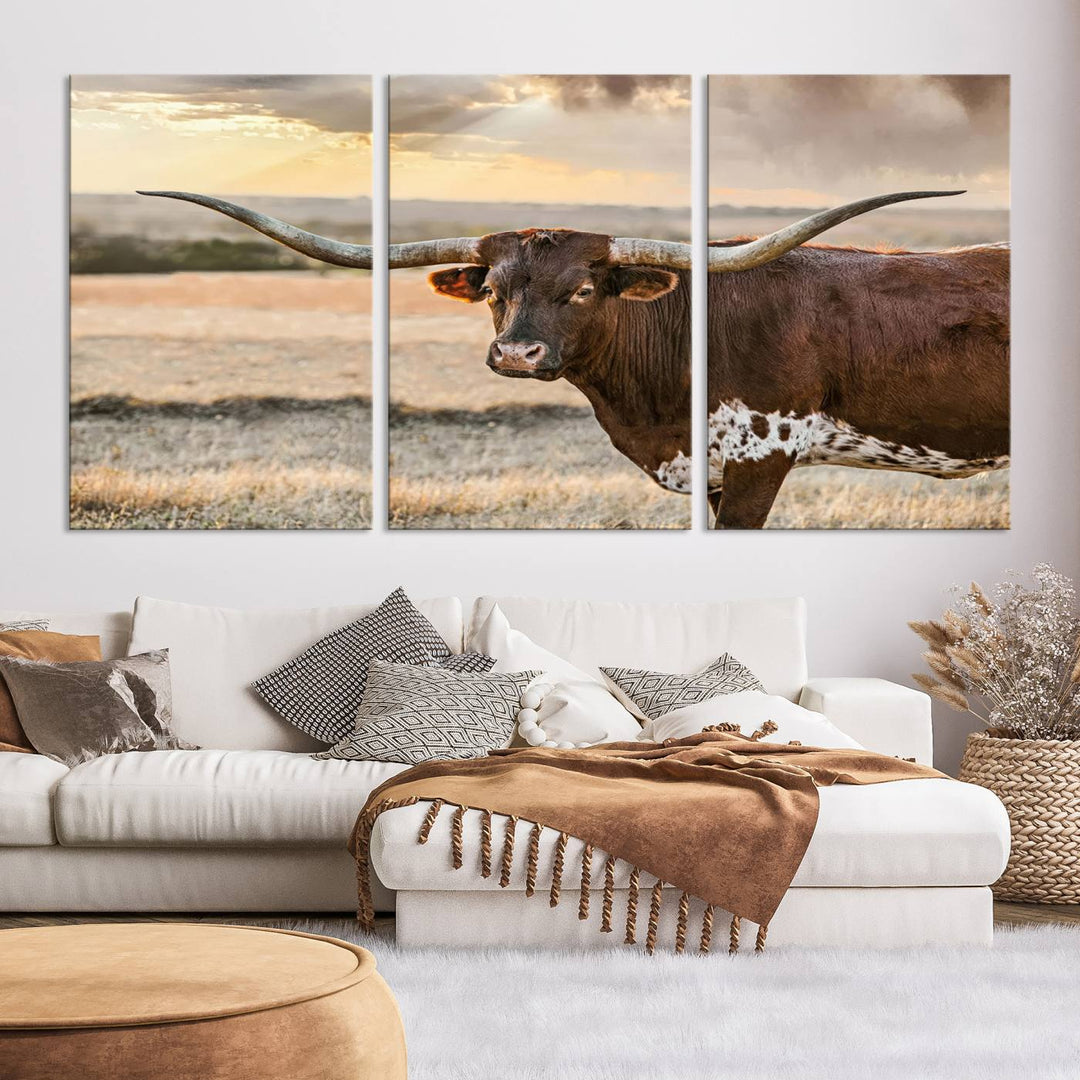 Texas Longhorn Cattle Wall Art | 3 Panel Rustic Western Decor, Sunset Canvas Print for Living Room, Farmhouse, Office – Bold Cowboy-Inspired Wall Art