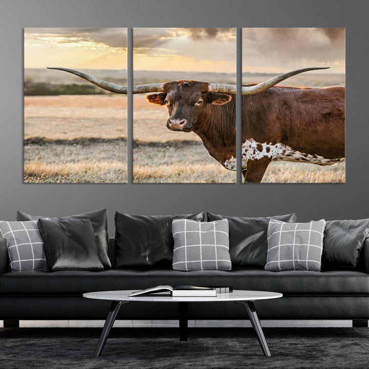 Texas Longhorn Cattle Wall Art | 3 Panel Rustic Western Decor, Sunset Canvas Print for Living Room, Farmhouse, Office – Bold Cowboy-Inspired Wall Art