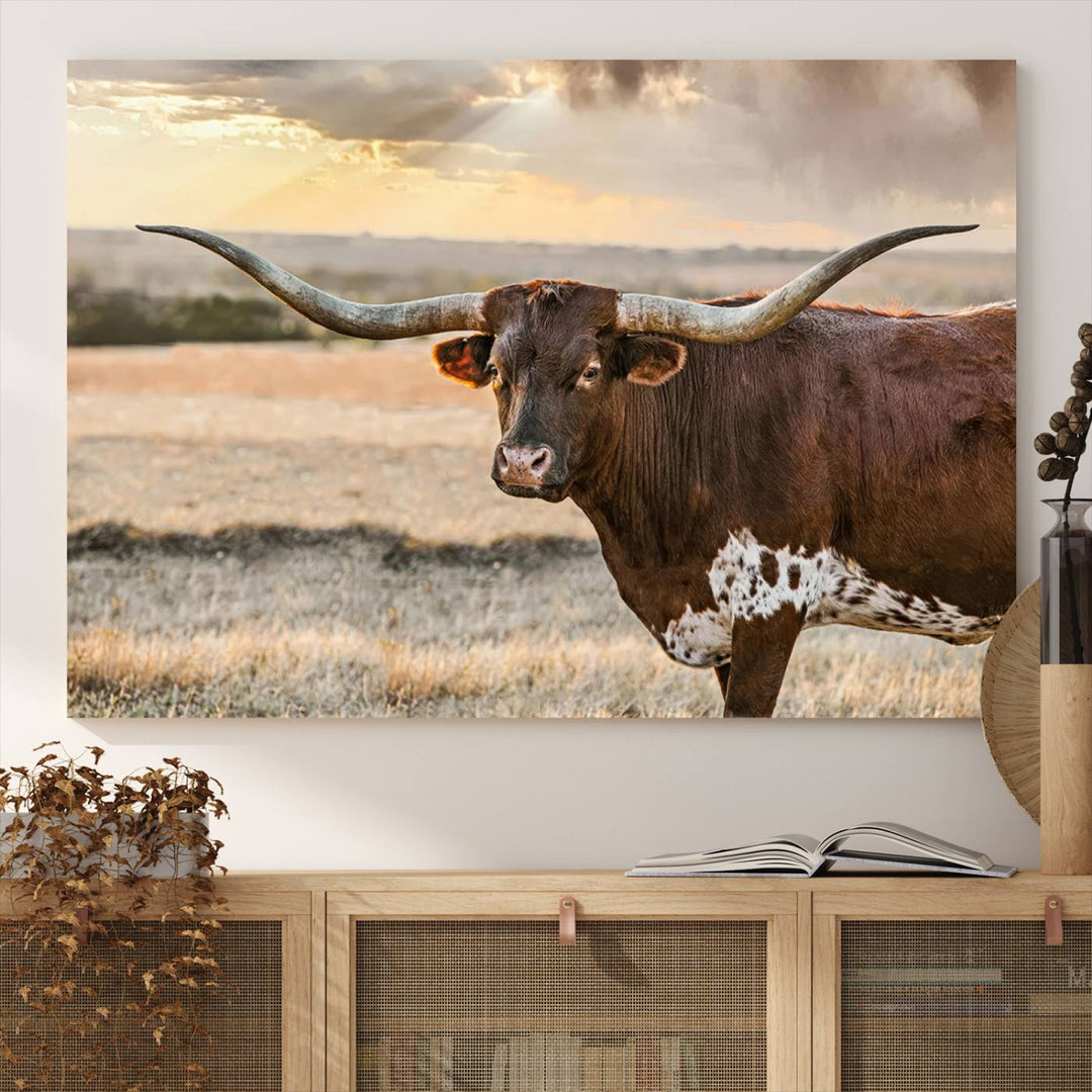 Texas Longhorn Cattle Wall Art | 3 Panel Rustic Western Decor, Sunset Canvas Print for Living Room, Farmhouse, Office – Bold Cowboy-Inspired Wall Art