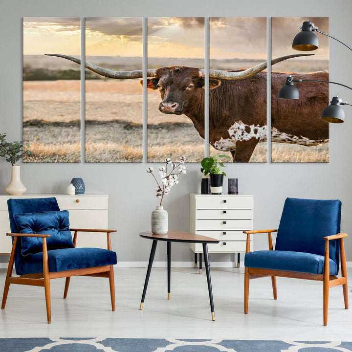 Texas Longhorn Cattle Wall Art | 3 Panel Rustic Western Decor, Sunset Canvas Print for Living Room, Farmhouse, Office – Bold Cowboy-Inspired Wall Art