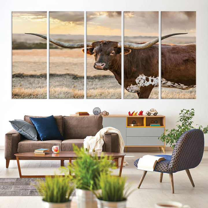 Texas Longhorn Cattle Wall Art | 3 Panel Rustic Western Decor, Sunset Canvas Print for Living Room, Farmhouse, Office – Bold Cowboy-Inspired Wall Art