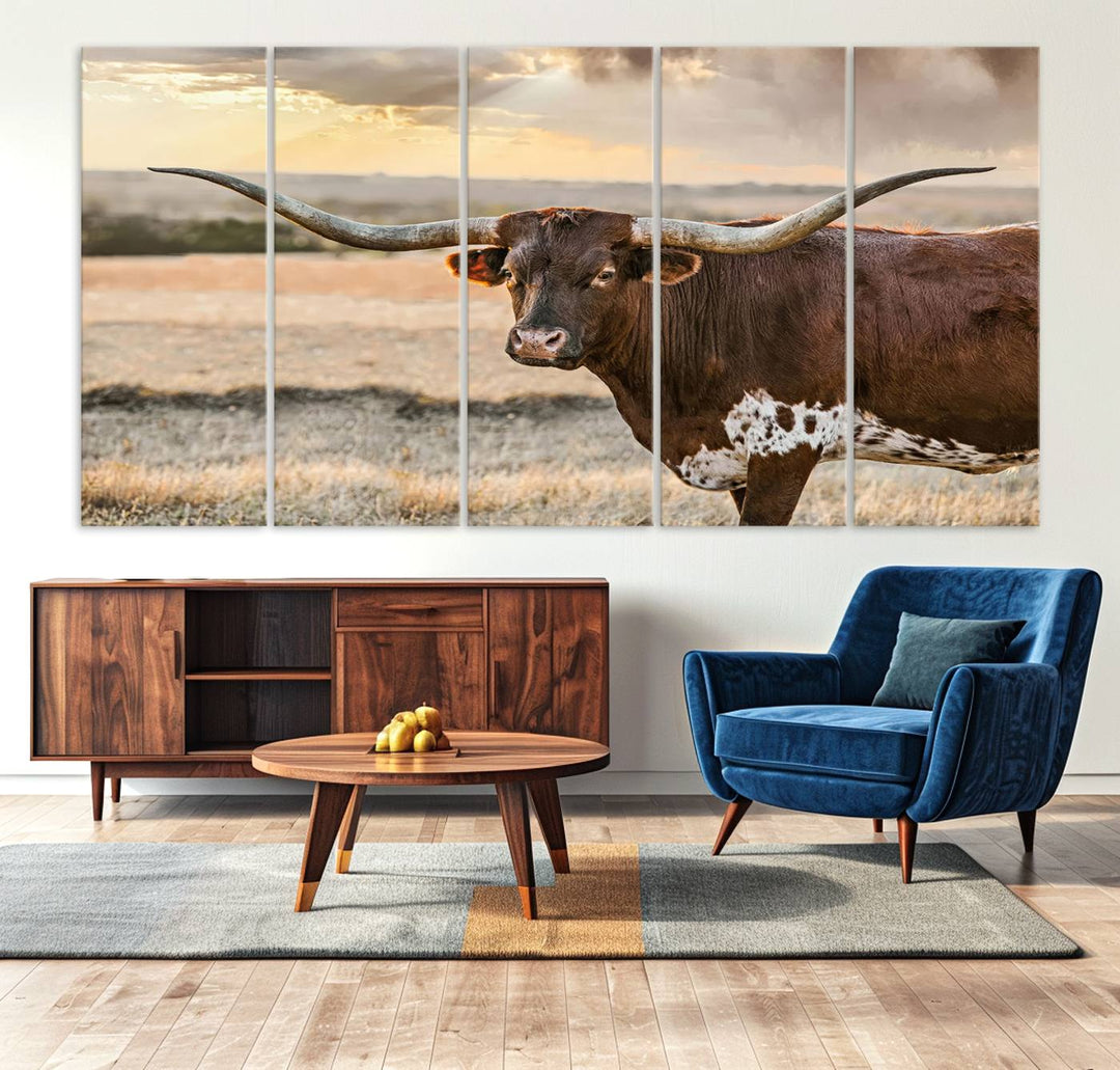 Texas Longhorn Cattle Wall Art | 3 Panel Rustic Western Decor, Sunset Canvas Print for Living Room, Farmhouse, Office – Bold Cowboy-Inspired Wall Art