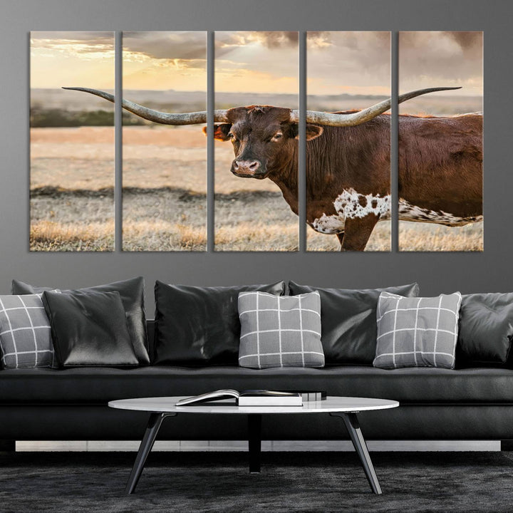 Texas Longhorn Cattle Wall Art | 3 Panel Rustic Western Decor, Sunset Canvas Print for Living Room, Farmhouse, Office – Bold Cowboy-Inspired Wall Art