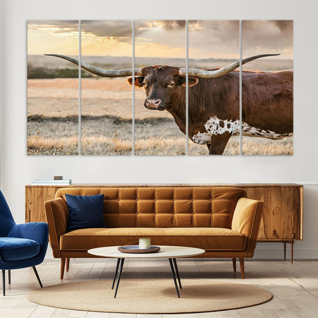 Texas Longhorn Cattle Wall Art | 3 Panel Rustic Western Decor, Sunset Canvas Print for Living Room, Farmhouse, Office – Bold Cowboy-Inspired Wall Art